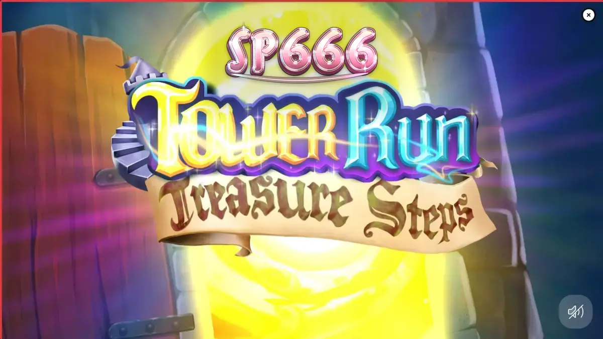 Pemandangan menara fantasi dalam Tower Run Treasure Steps dengan elemen visual piksel yang cerah